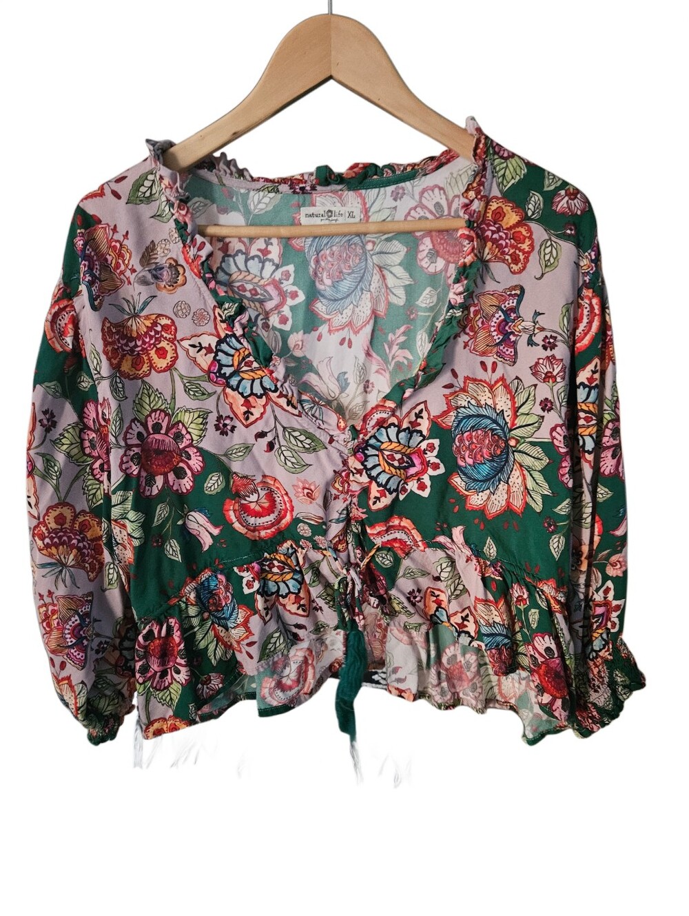 Natural Life Floral Tie Front Peplum Top Blouse Green Pink XL - Picture 2 of 5